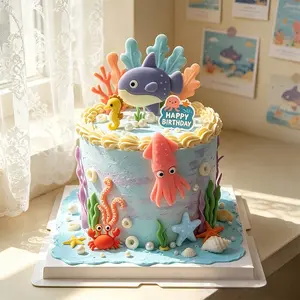 Underwater World Ocean Animal Series Kids Birthday Party Cake Decorations, Jellyfish Swordfish Anglerfish Lanternfish Seaweed Coral Starfish Plugins
