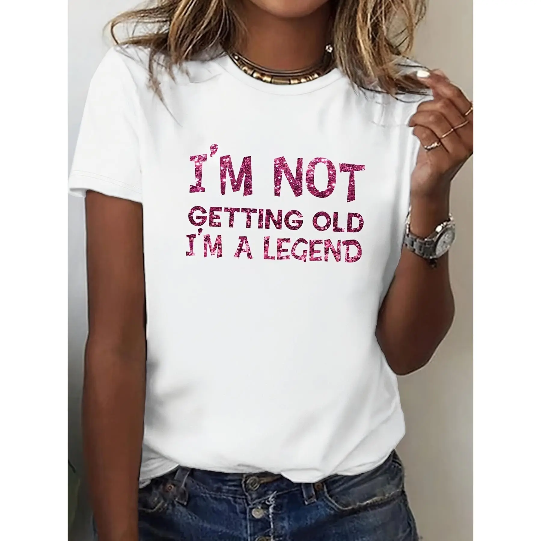 Funny I'm Not Getting Old I'm A Legend Faux Glitter Graphic Tee - Standard Pure Cotton Tshirt | Front Print Humorous Birthday Top for Women & Men, Short Sleeve Crewneck Regular Fit