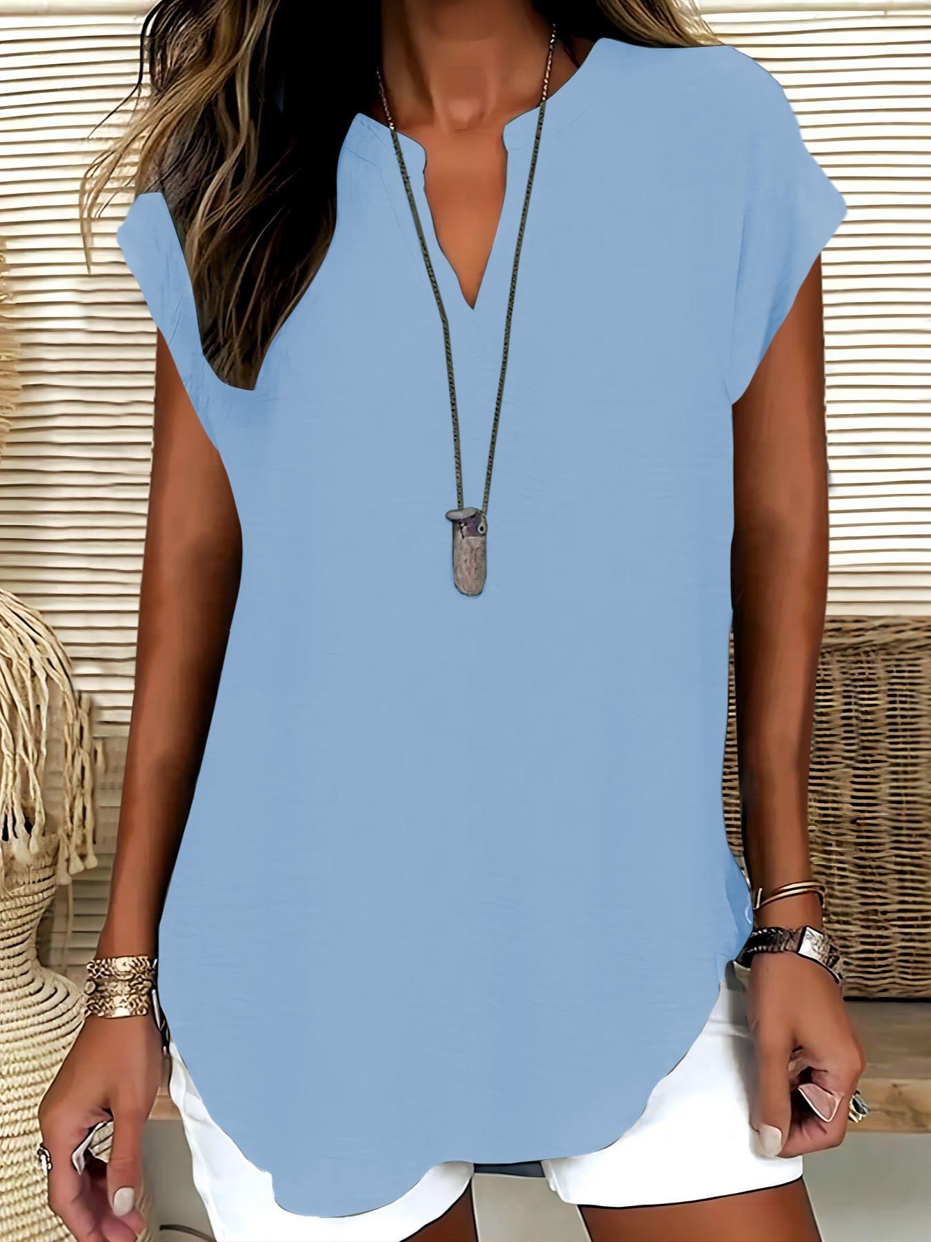 Women's Plain Notched Neck Fitted Blouse, Shirts, Casual Classy Elegant Minimalist Basic Top for Summer, Ladies Clothes for Daily Wear, Womenswear