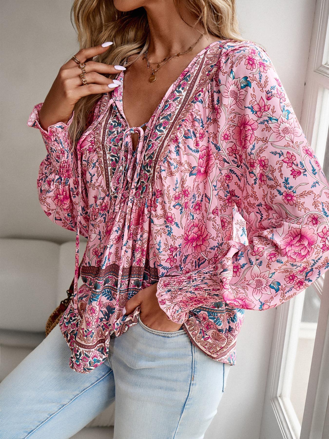 Women's All Over Boho Style Floral Print Tie Front Long Sleeve Blouse, Boho Cottagecore Blouse, Boho Chic Sleeve, Boho Casual V Neck Longsleeves Bishop Sleeve Frill Trim Top for Fall & Winter