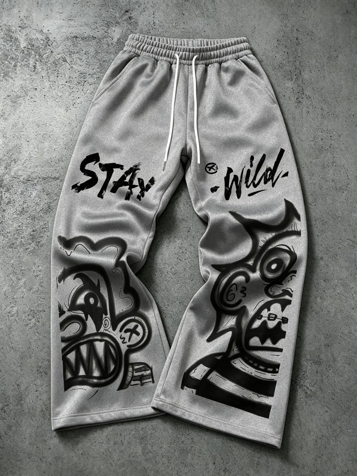Unisex Y2K Grunge Graffiti Monster Cartoon Print Wide Leg Joggers | Heather Gray Soft Sweat Fabric Asymmetric "Stay Wild" Letter Pants | Oversized Skater Streetwear Bottoms for Men & Women