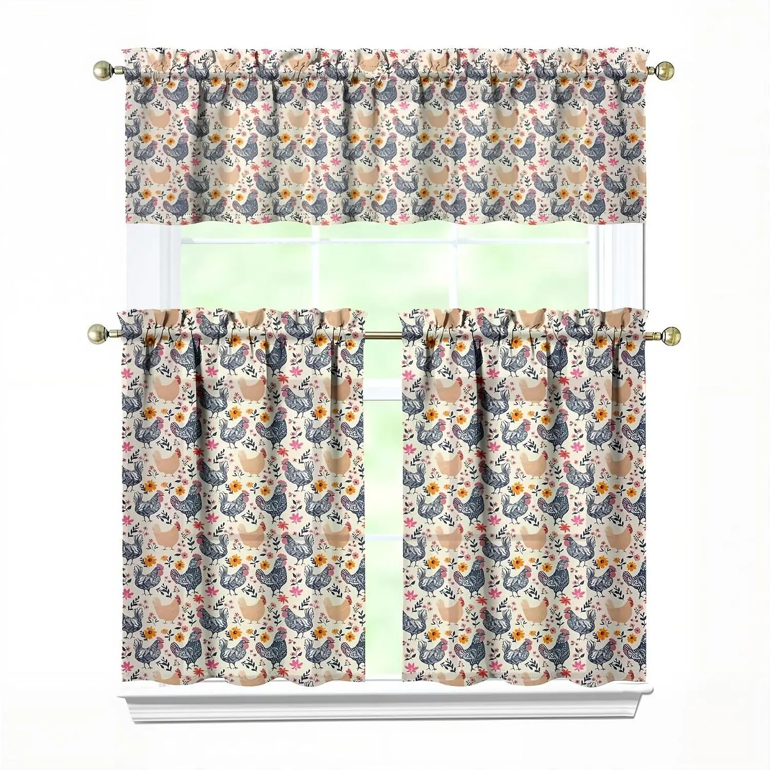 3 Piece Chicken Kitchen Curtains and Valances Set for Windows Rooster Kitchen Window Curtains Over Sink Decor 27.5x36 in