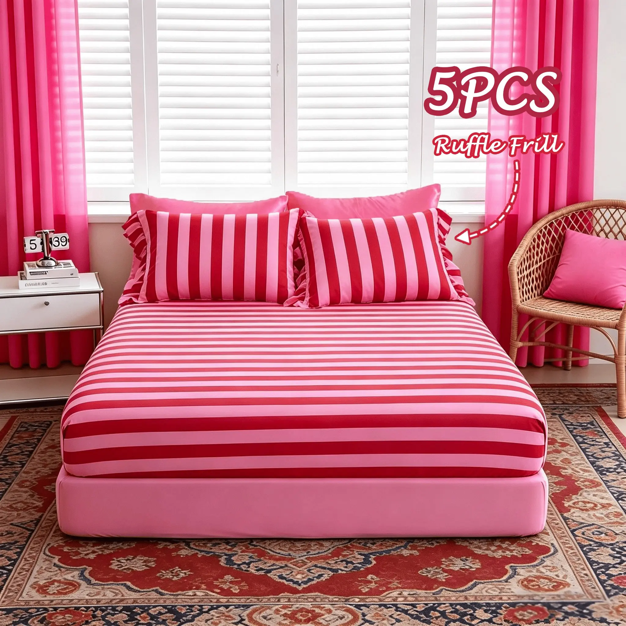 5-Piece Classic Striped Bed Fitted Sheet Set, 1 Fitted Sheet + 4 Pillowcases No Pillow Insert Core, Soft Breathable Bedroom Linen, Hotel Style, Soft Comfy Bedding