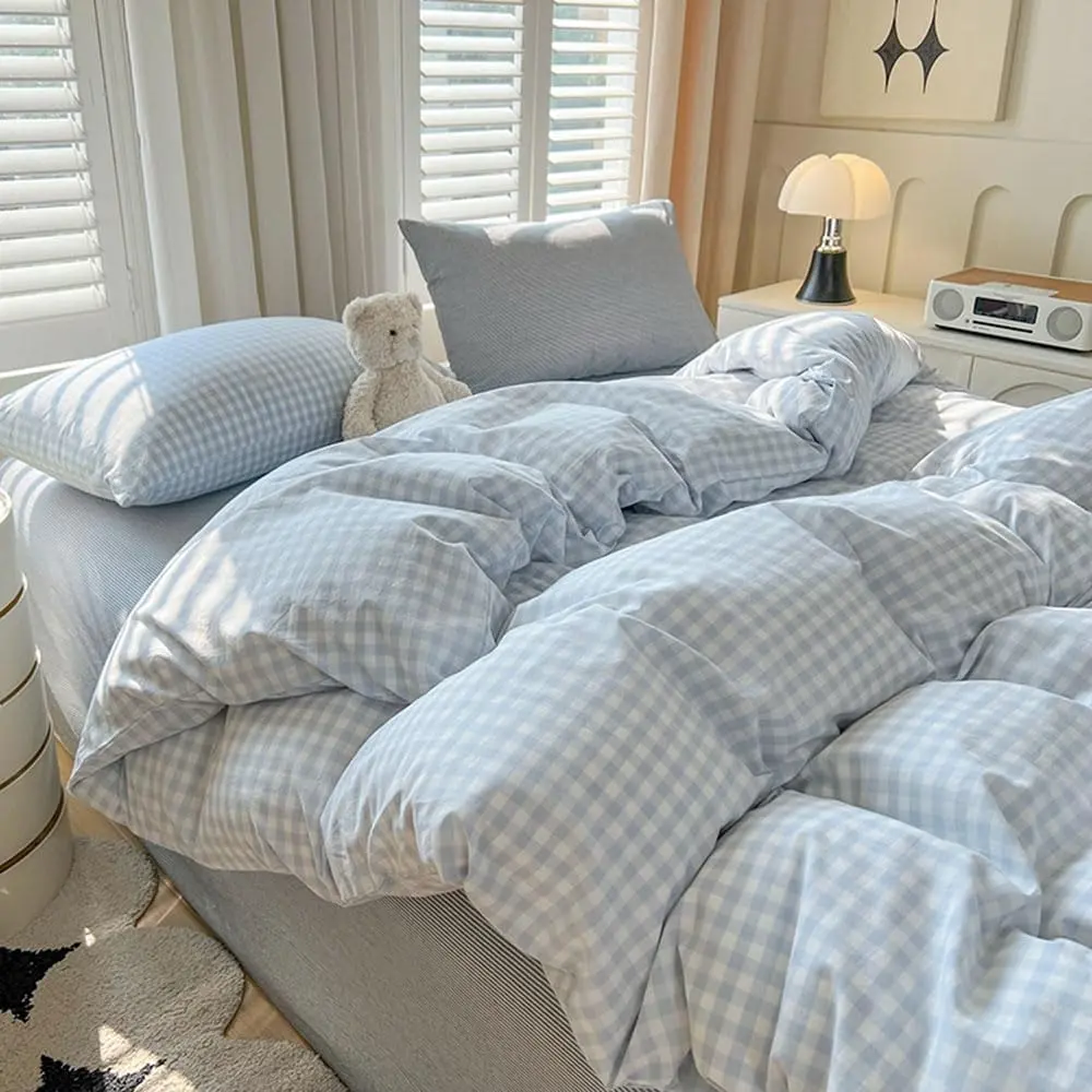 Blue Gingham Comforter Set Queen Size Plaid Checkered Comforter 3 Pcs Soft Lightweight Grid Farmhouse Dorm Bedding Set for All Seasons (1 Comforter, 2 Pillowcases)