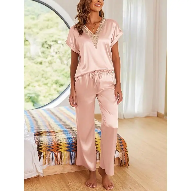 Womens Silk Pajamas Set Satin Pjs with Long Pants Short Sleeve Sleepwear Guipure V Neck Loungewear Pink