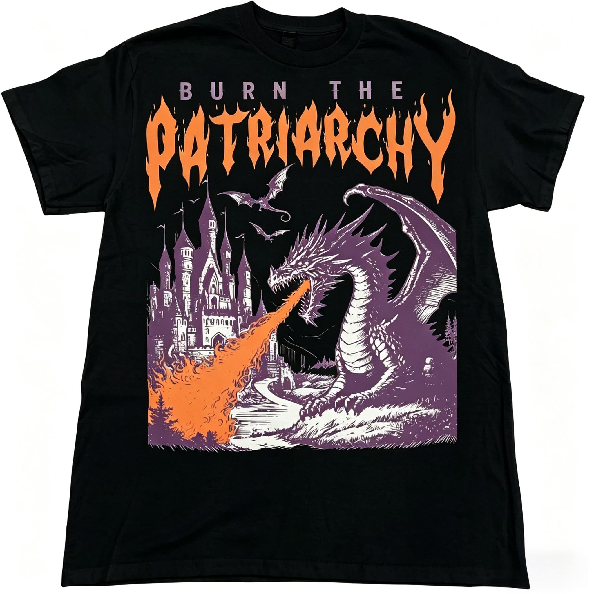 Vintage 90s style "Burning Patriarchy" dragon pattern feminist protest fun graphic T-shirt, fun animal pattern T-shirt, gift shirt, comfortable cotton crew neck top, basic casual streetwear, unisex