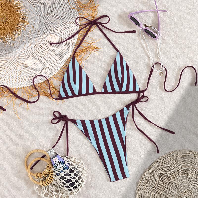 Trendy Brown & Light Blue Striped Triangle Tie-Side Bikini Set - Adjustable Two-Piece Swimwear Swimsuit with Flattering Fit, Perfect for Beach Vacations, Pool Days & Summer Getaways