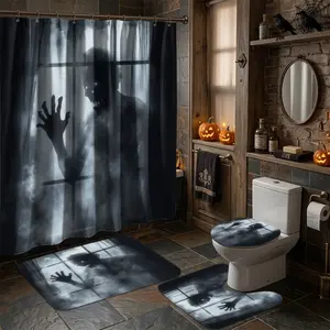 4pcs Halloween Ghost Window Horror Shower Curtain Set with Glowing Eyes Black & White Spooky Bath Mats Printed Scene (Shower Curtain + Bath Mat Set) for Fall Festive TikTok Shop Hot Trending Home Decor