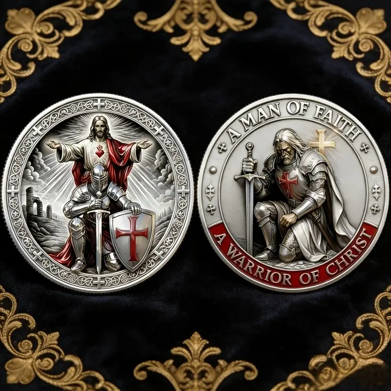Warrior of Christ Knights Templar Challenge Coin, Vintage Embossed Religious Medal, Collectible Christian Souvenir Gift
