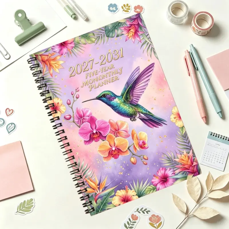 A 2027-2031 monthly calendar notebook with weekly and monthly planners, featuring sections for goals and to-do lists. This spiral-bound hardcover calendar is designed for college and office use.