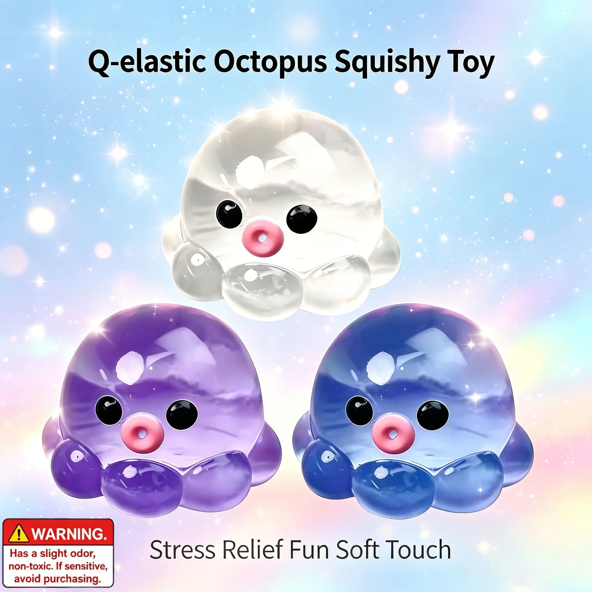 3-Piece Soft Q-Tip Octopus Stress Ball Set, Cute Transparent Squeeze Toy, Anxiety Relief Fidget, Perfect Gift for Holidays