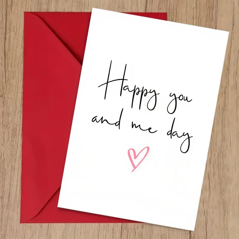 1 minimalist greeting card, "Happy Day for You and Me," with handwritten pink heart, blank inside, suitable for anniversaries, Valentine's Day, and love messages for couples