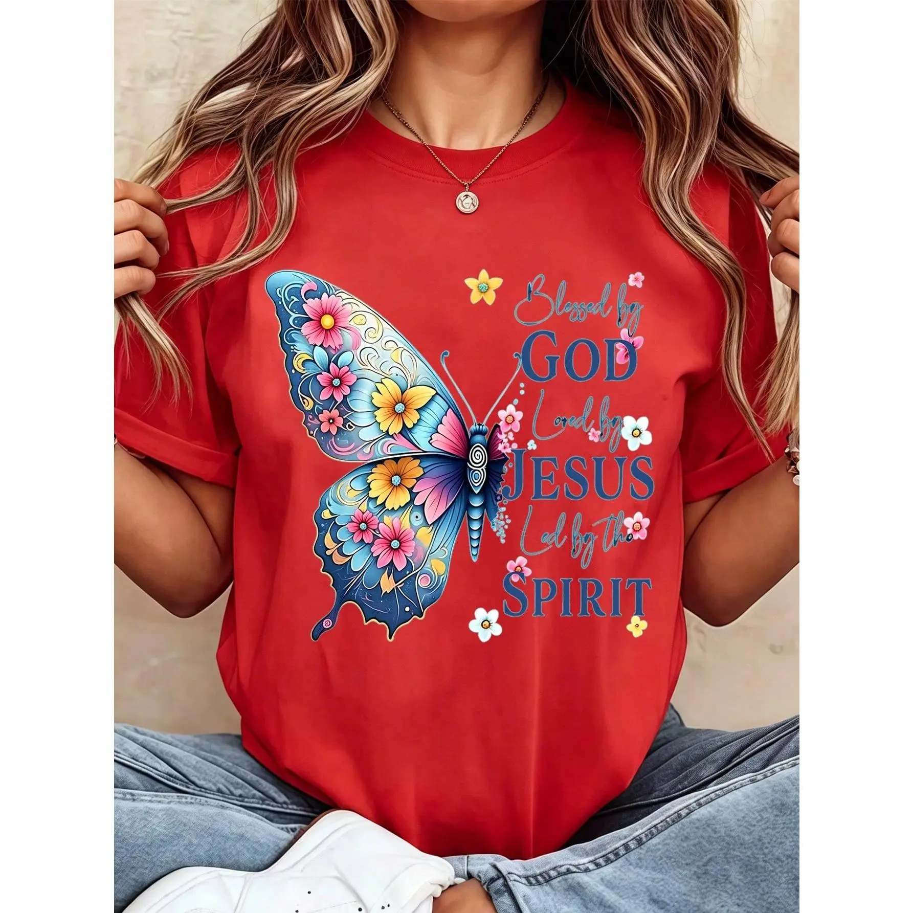 Women Round Neck T Shirt Butterfly Floral Design By God Loved By Jesus Led By The Spirit Print Short Sleeve Casual Tops For Everyday Wear versatile unisex casual wear