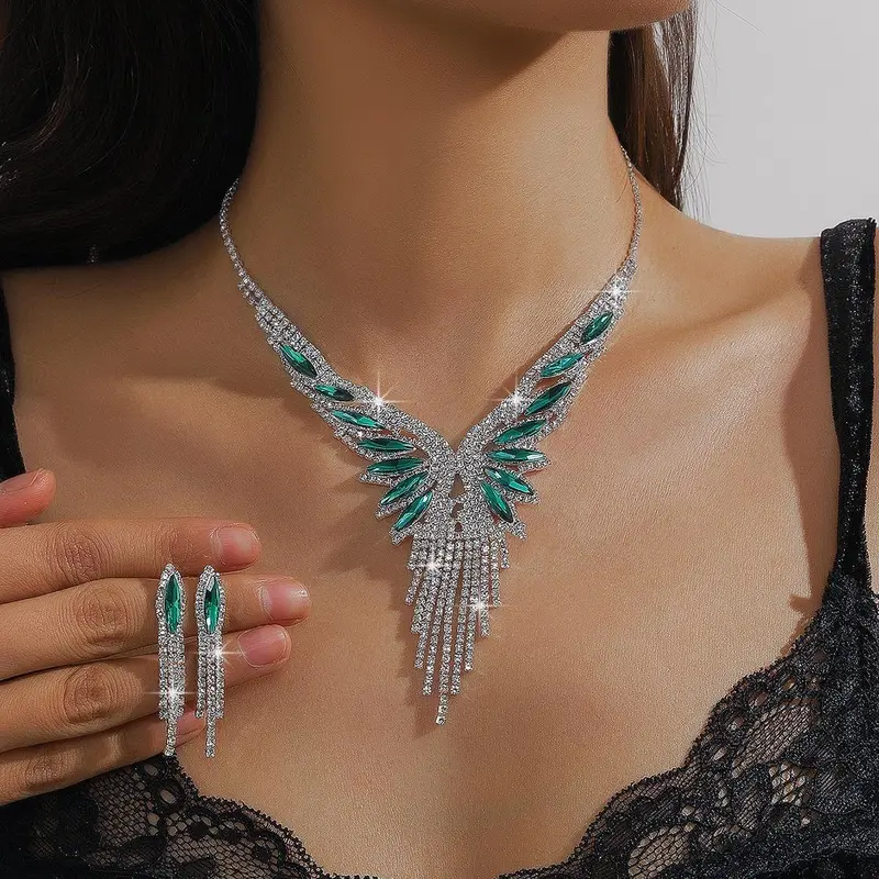 Women's 2-Piece Bejeweled Alloy Jewelry Set - t0016-5, Geometric Patterns, Bold Statement Necklace, Matching Earrings, Crystals, Bling Effect, Affordable Luxury, Jewelry for Women, Accessories Adults Female, Rent-Worthy for Events, Wedding Formal Wear