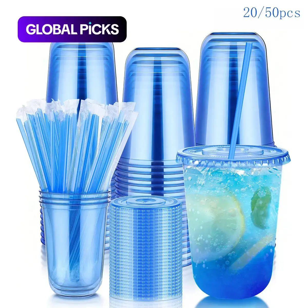 20/50 Pack 16oz Plastic Cups with Lids and Straws, Disposable Cups with Lids and Straws, Blue Transparent Ice Coffee Cups, Portable Round Bottom, Ideal for Cold Drinks, Parties, Halloween, Christmas
