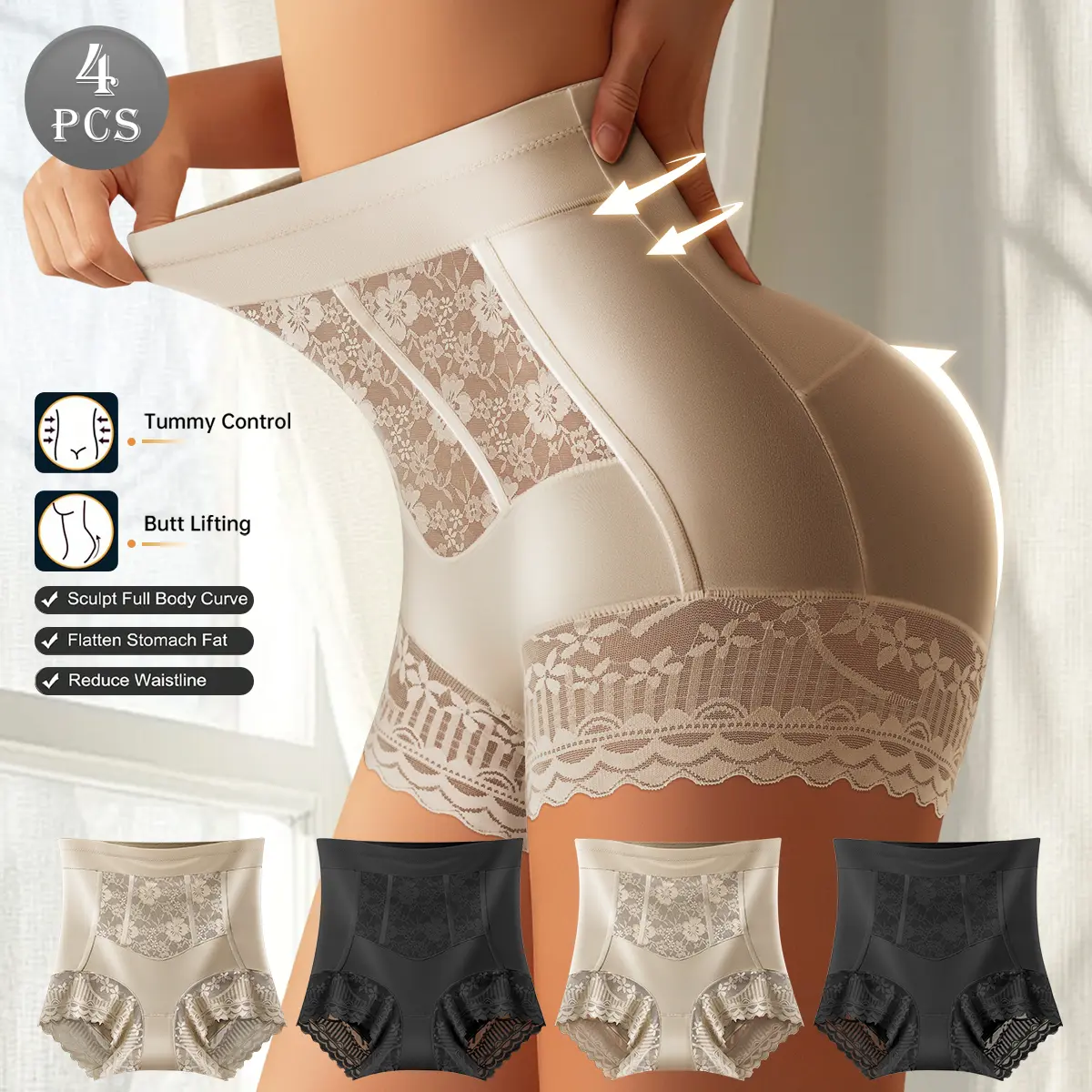 QUASTI 3/4/6 PCS Women's High-Waist Lace Patchwork Briefs, Hip-Lifting & Abdominal Control Soft Elastic Knicker, Smooth High-Elasticity Shaping Elegant Daily Wear Underwear, S-XXL