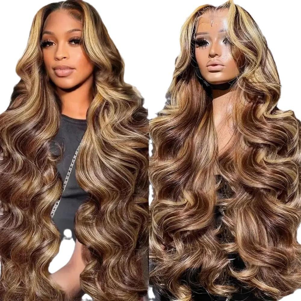 Lace Front Highlighted Ombre Reddish Brown Wig, Highlight Raw Brazilian Body Wave Pre Plucked Human Hair Wig Lace Frontal Wigs For Women, Natural Fluffy Synthetic Full Wig Cap
