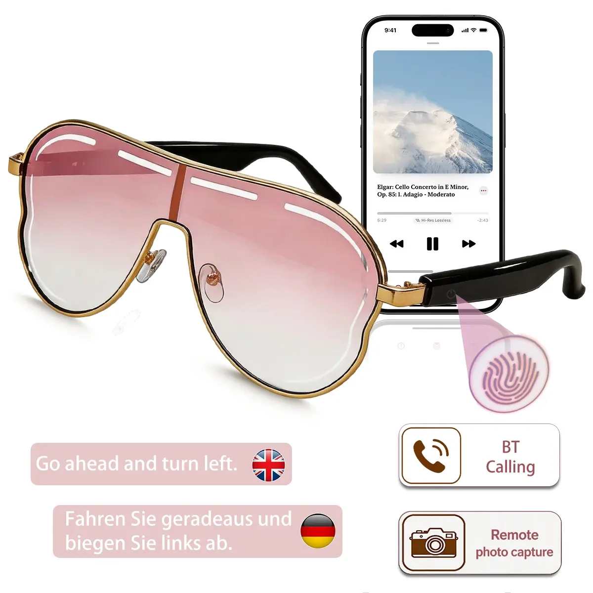 AI Translation Glasses, 2026 New Bluetooth Audio Smart Sunglasses with Real-Time Language Translation, Hands-Free Calls, Music Playback, Pink Lens UV Protection for Travel & Business, Multifunctional Audio Sunglasses