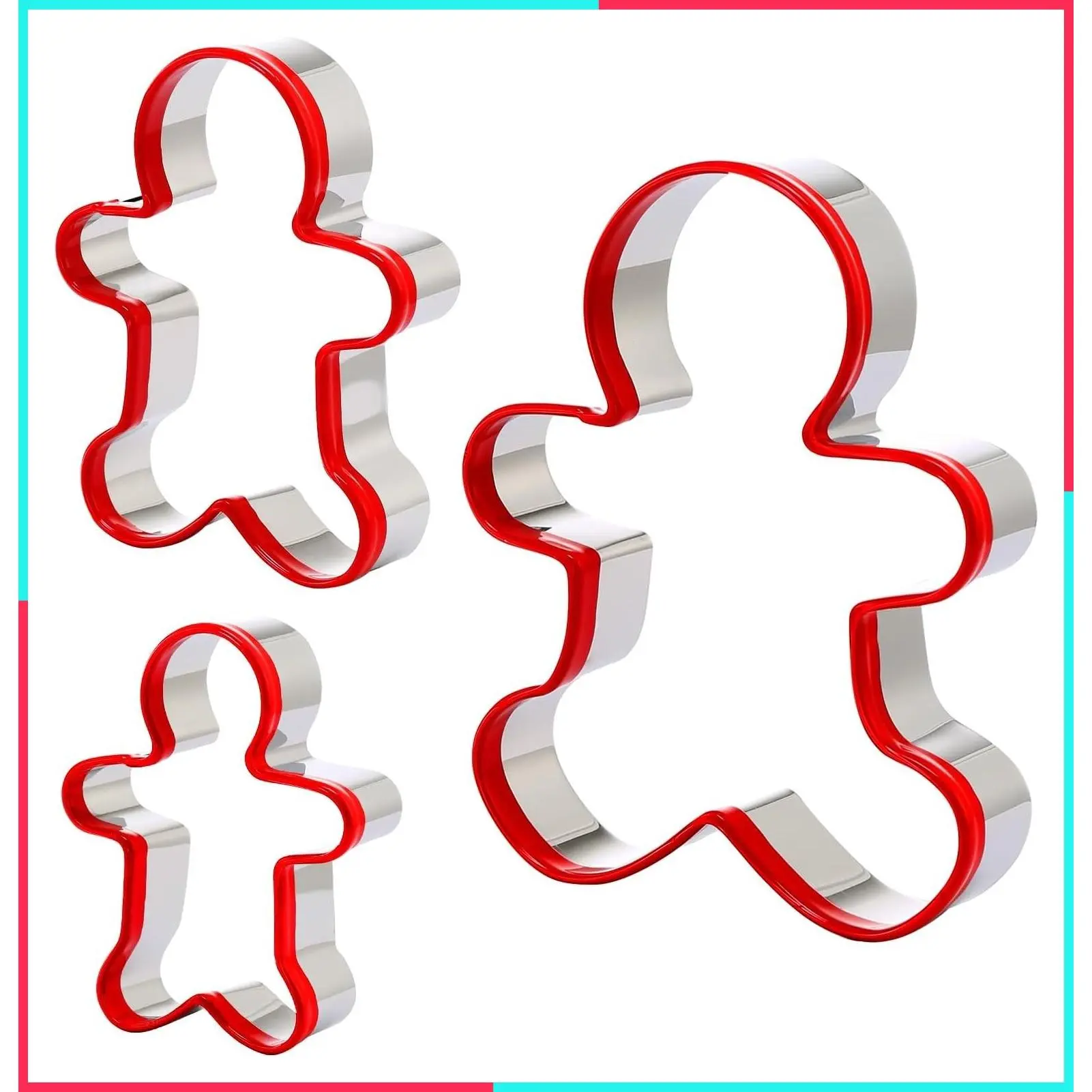 Gingerbread Man Cookie Cutters Set of 3, Stainless Steel Christmas Cookie Cutter Molds with Red PVC, Gingerbread Boy Shape Baking Tools