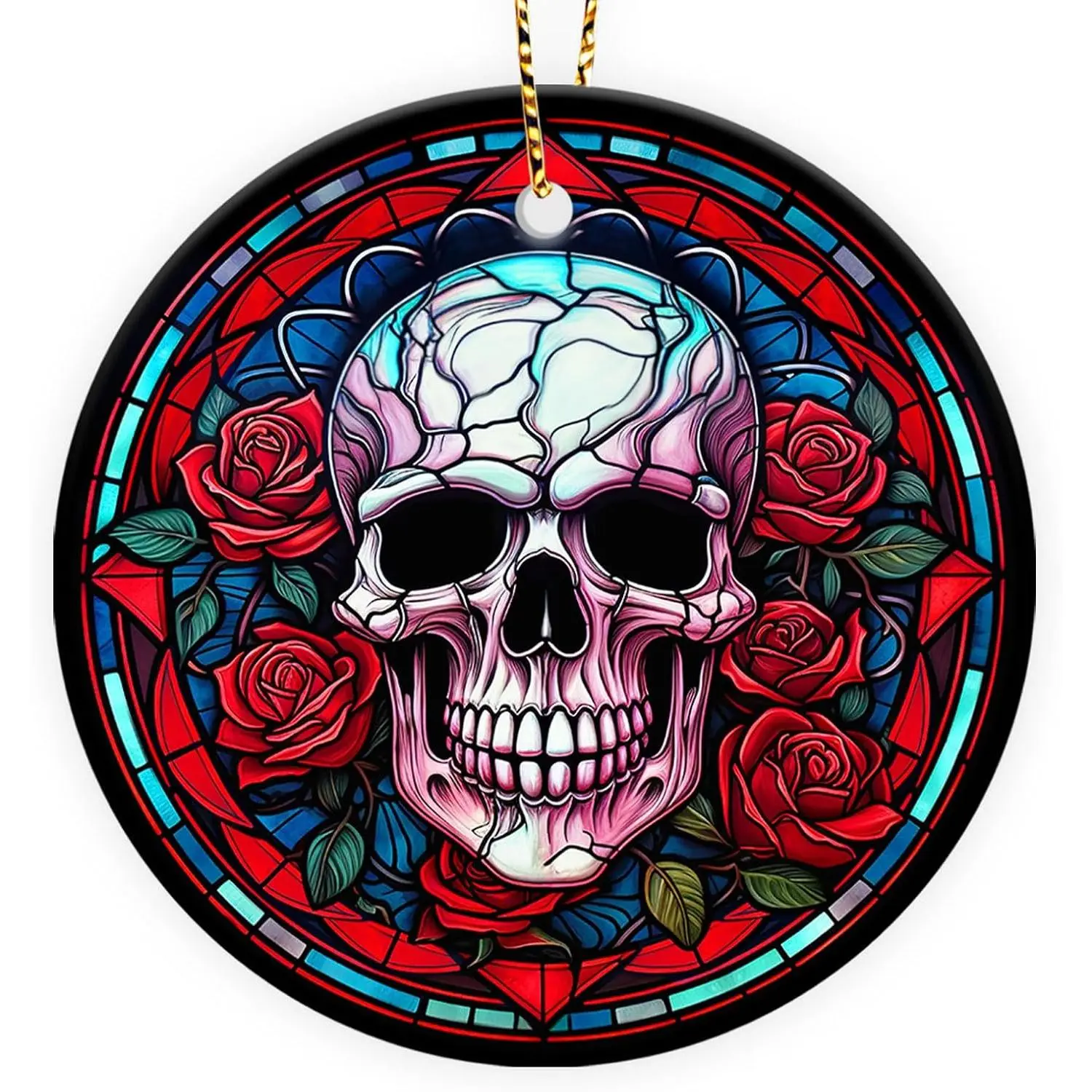 2 Side Printed Ceramic Skull and Roses Christmas Ornaments 2025, Floral Skull Christmas Tree Ornaments, Gothic  Ornament, Christmas Tree Decorations, Goth Gifts for Women