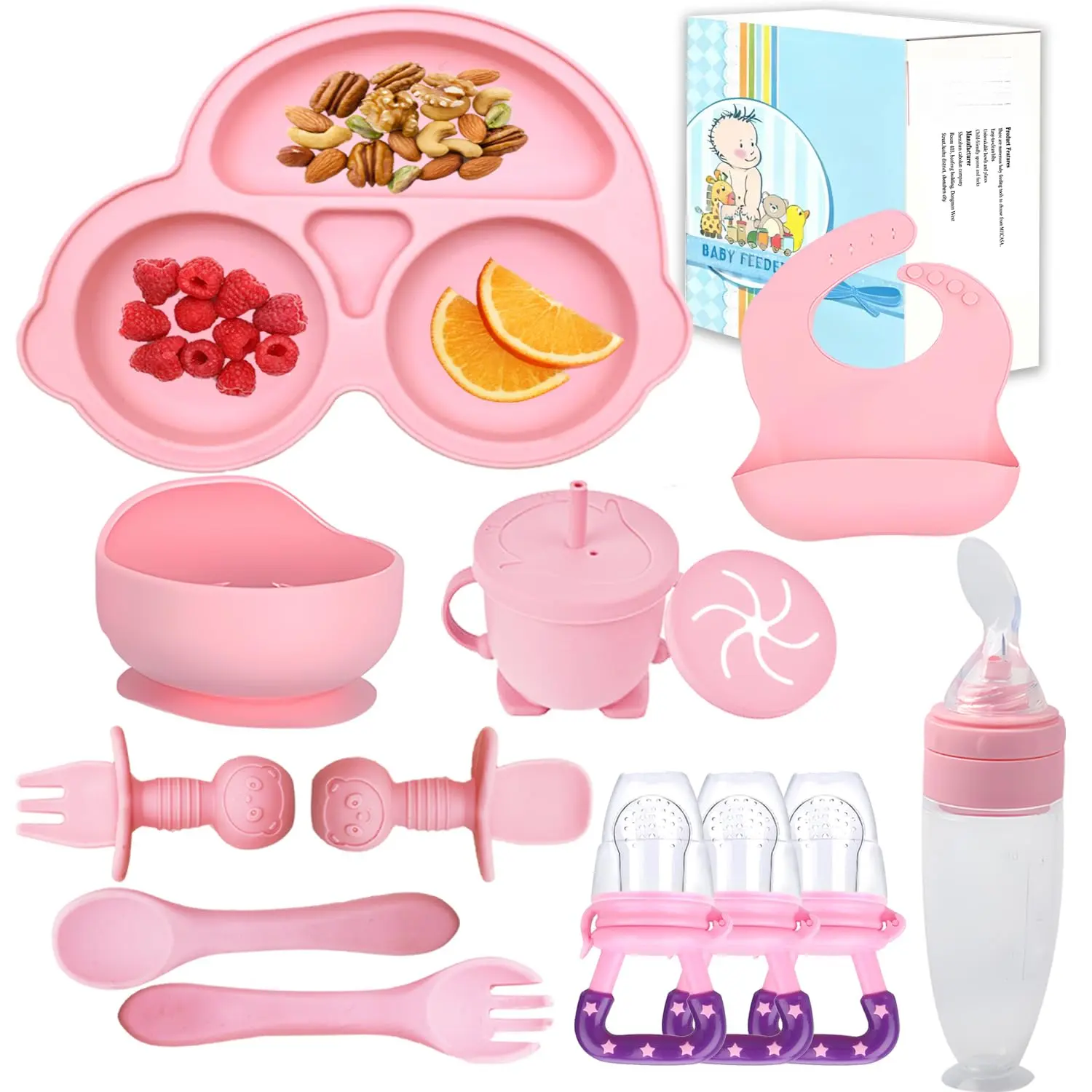 Miicasa Baby-Safe Silicone Feeding Utensil Set - Baby Led Weaning Supplies Kit with Suction Bowl, Car Plate, Bib, Spoon, Fork, Cups - Food-Grade, Dishwasher Safe, BPA Free - For 3+ Months to 6 Months Infants, Silicone Feeding Utensils