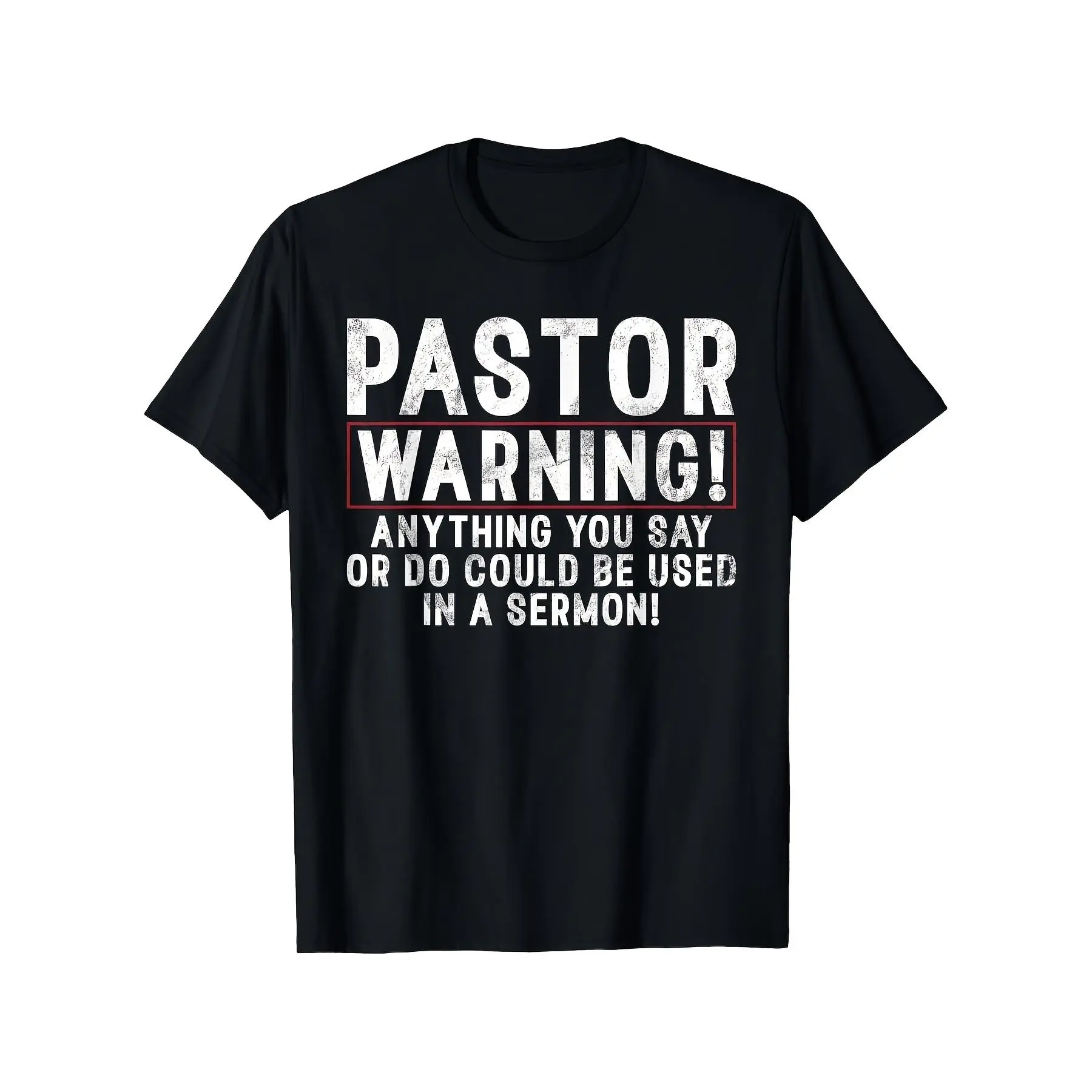 [100% Cotton] 100% Cotton  Pastor Warning Graphic Tee Bold Distressed White Text on Black Tee Eye-catching Design with Warning Box Great for Church Events Humor or Casual Wear Retro Casual Short-sleeved T-shirt with Round Neck and Printed Pattern Machine