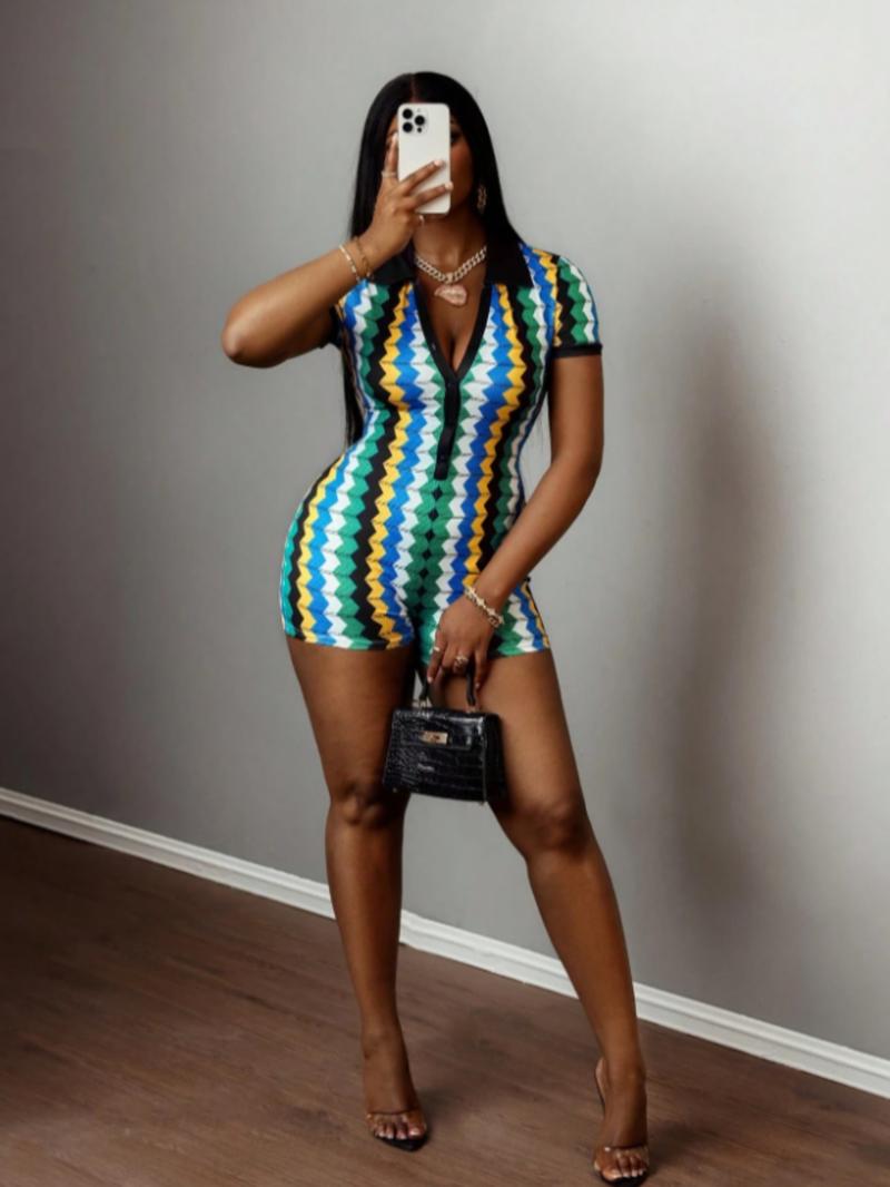 Women's Wave Striped Print Romper, Street Fashion Casual Fitted Short Sleeve Romper for Daily Outdoor Wear, Ladies Clothes for Summer, Womenswear, Streetwear, Streetwear Jumpsuits