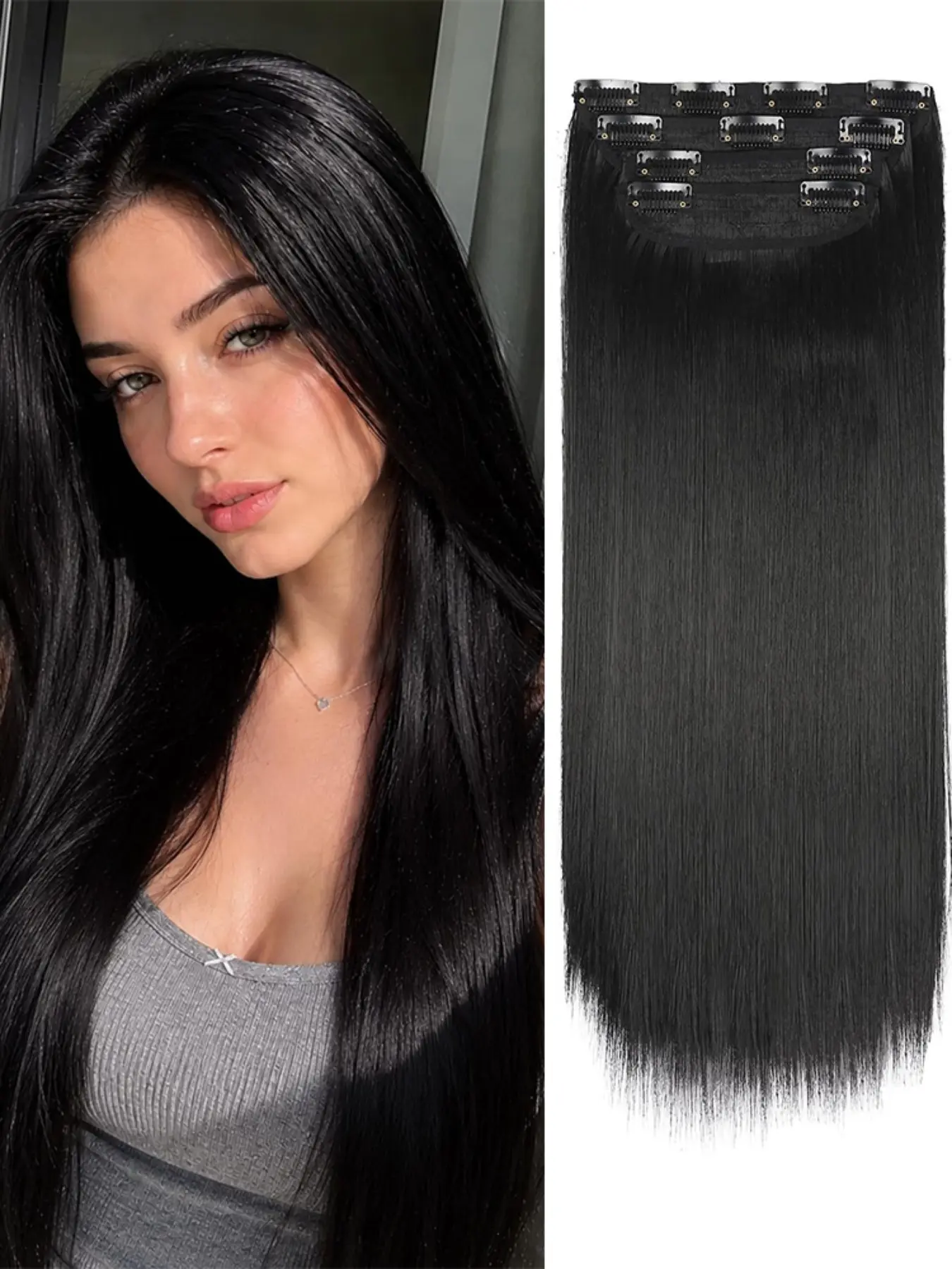 Natural Straight Hair Extension Clips, Synthetic Extensions, 20 Inch Long, 4pcs, Medium Length, Soft and Easy Installation, for Women Girls, Artificial Hair Extension
