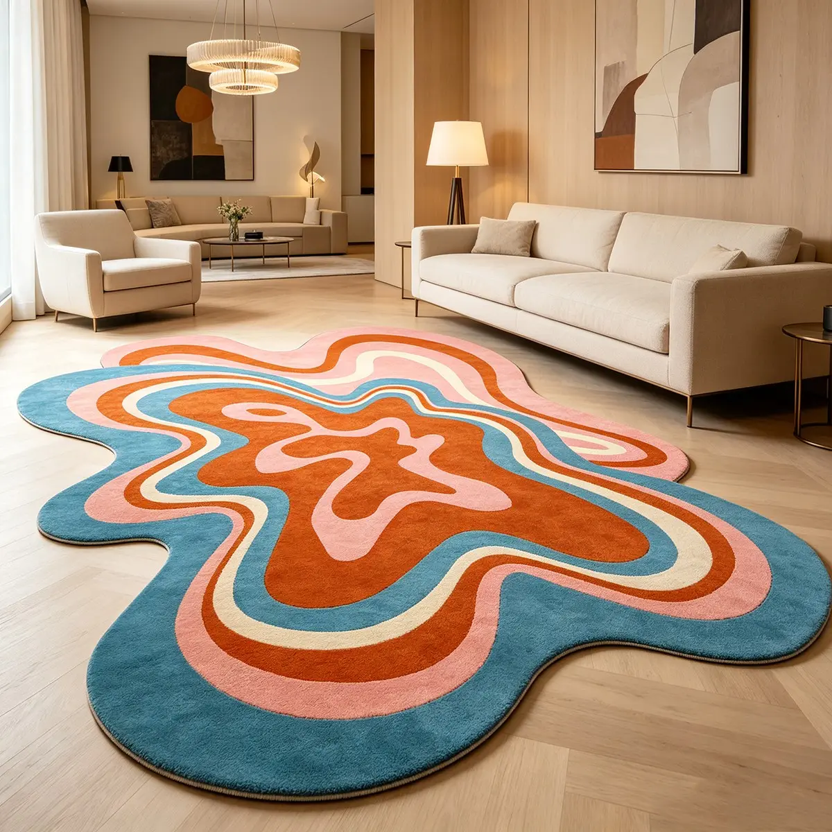 Vintage Abstract Wave Shaped Rug, Psychedelic Blue Swirl Pattern, Modern Creative Washable Non-Slip Carpet, Soft Plush Bedside Mat