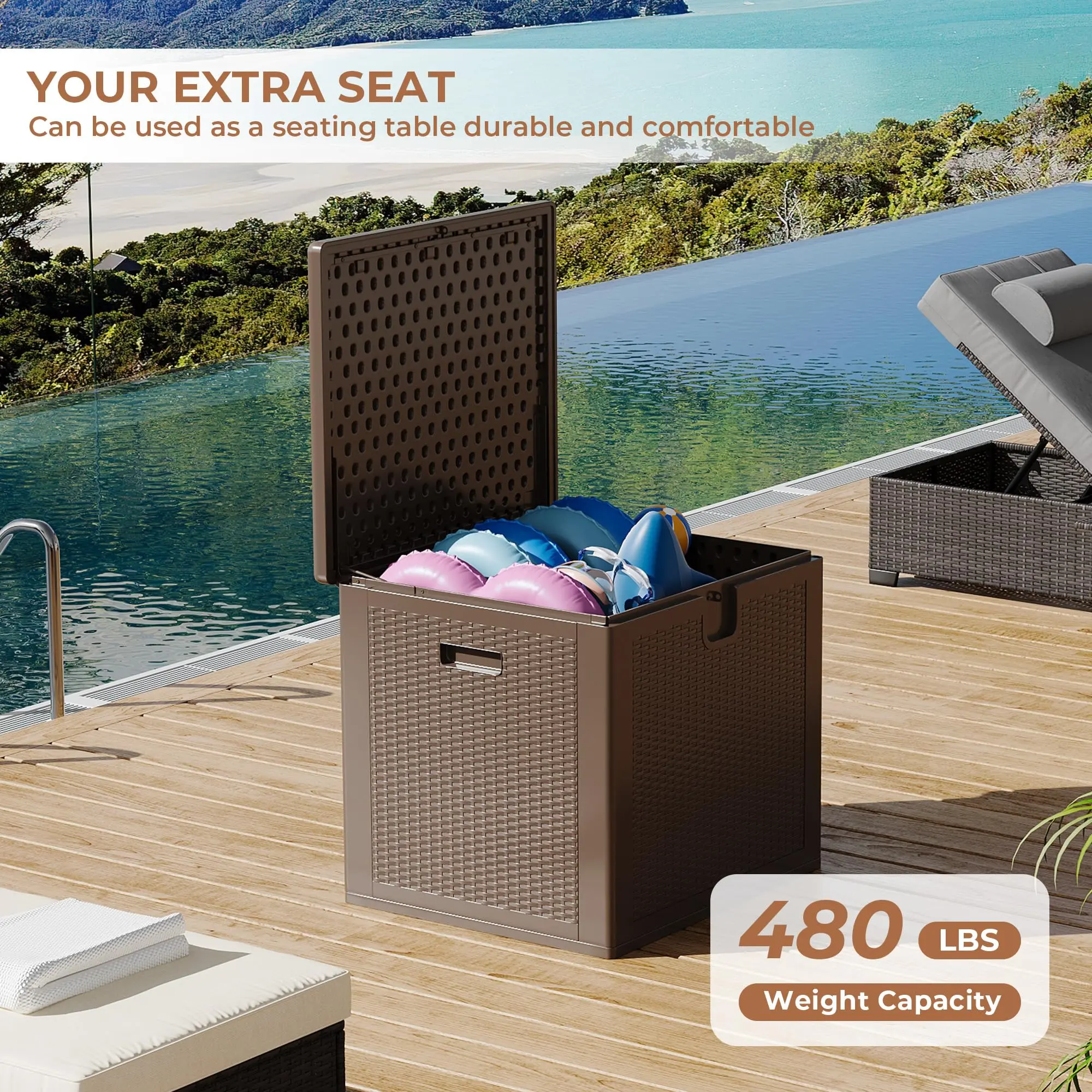 80 Gallon Waterproof Deck Storage Box – Lockable Resin Outdoor Organizer – UV Resistant, Large Capacity for Patio, Garden, Pool Accessories, Furniture Cushions –  Rattan design