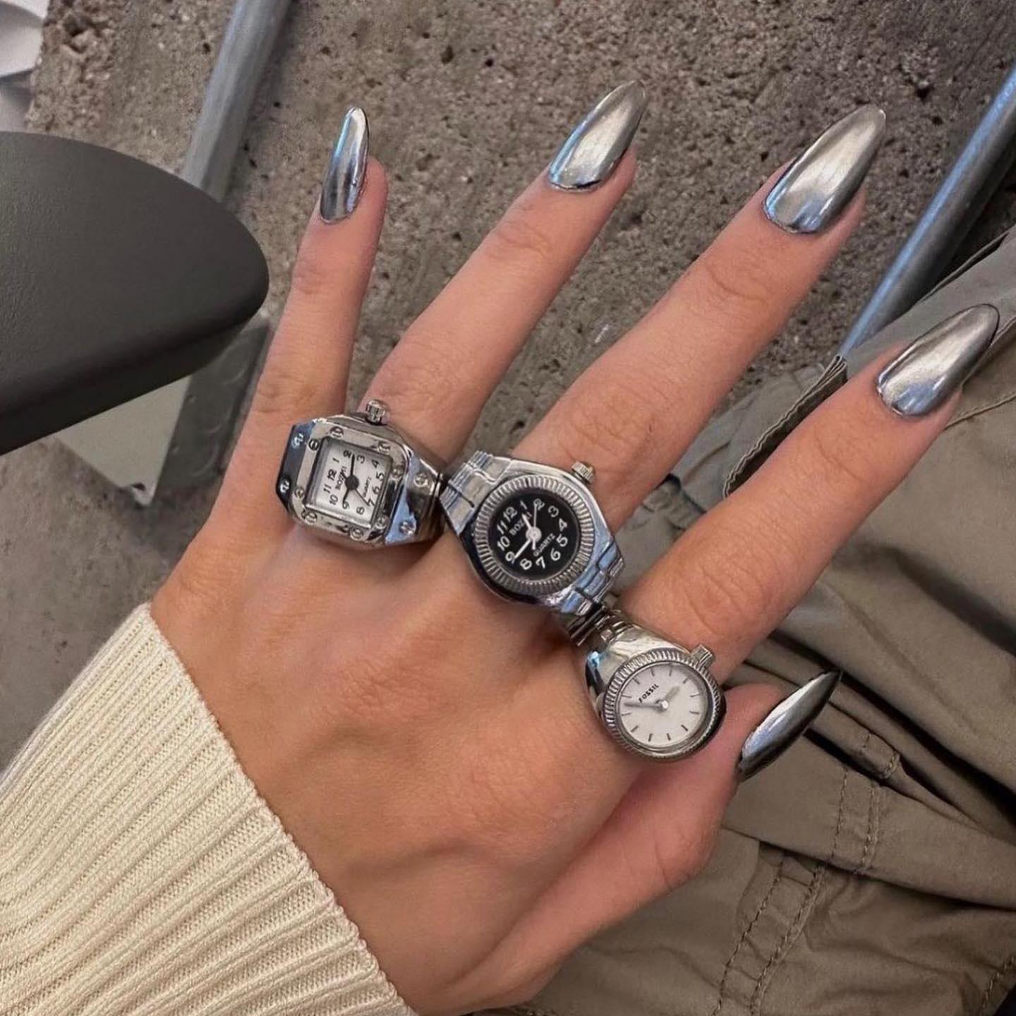 Silver Square Basic Fashion Women's Ring Mini Dial Watch Simple Elastic Strap Timely Ring Watch