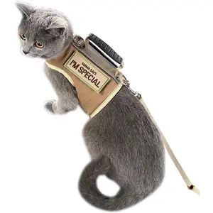 Tactical Cat Harness and Leash for Walking Escape Proof, Adjustable Cat Walking Jackets, Padded Stylish Cat Vest, Khaki, Large