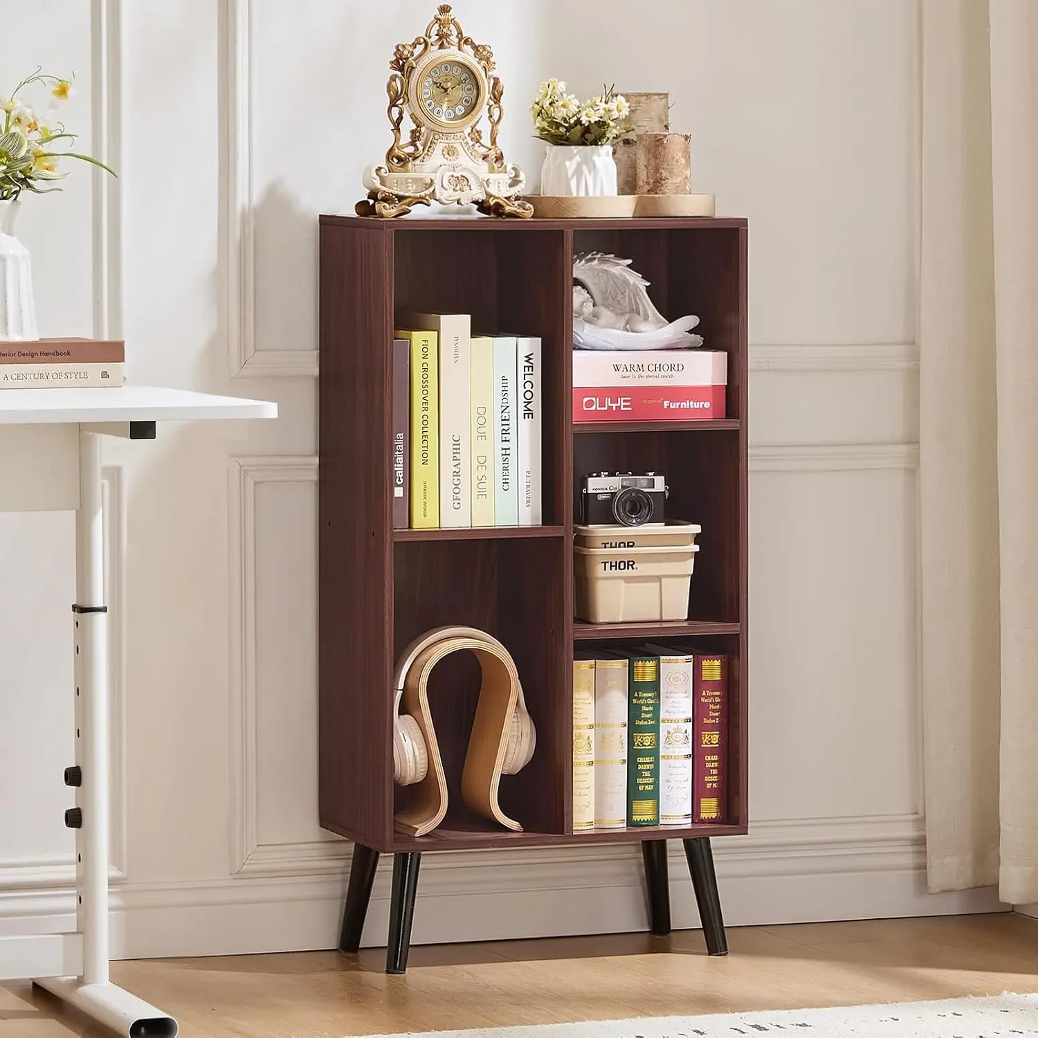 Mint Walnut Cube Shape Wooden Storage Organizer - 3-Tier 5-Cube Free-Standing Open Bookcase with Legs for Kids' Nursery, Bedroom