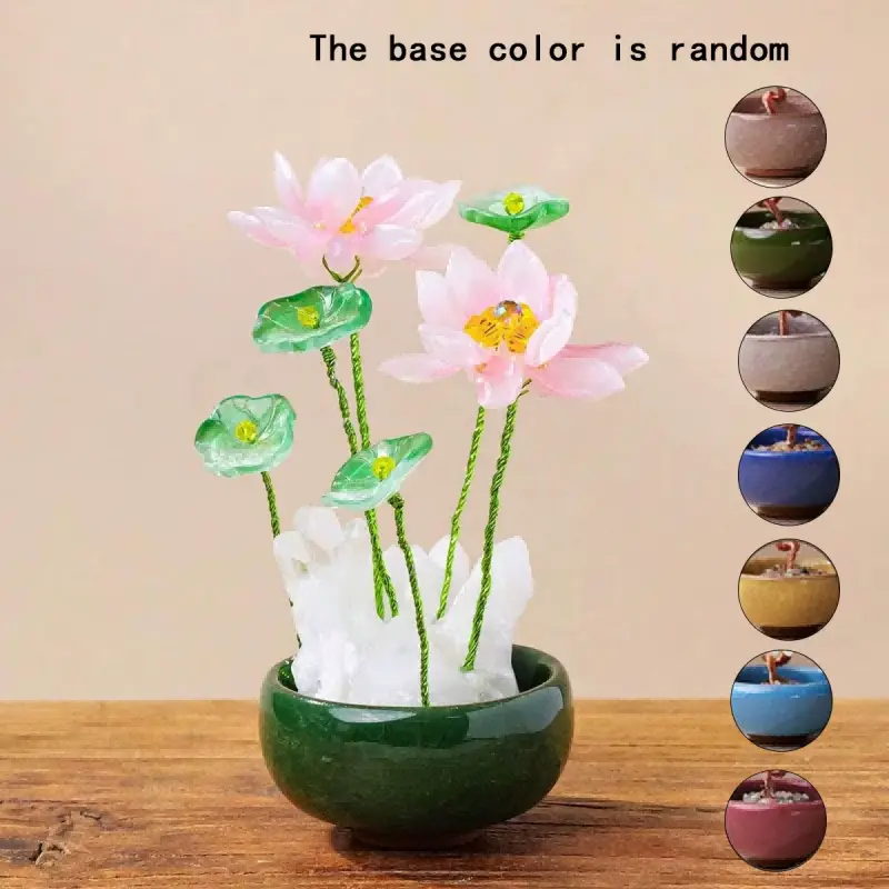 Handcrafted Colored Glaze Lotus Crystal Ornament, 7x7x18cm Lotus Flower Decor with Random Color Base for Desk, Shelf & Meditation Room