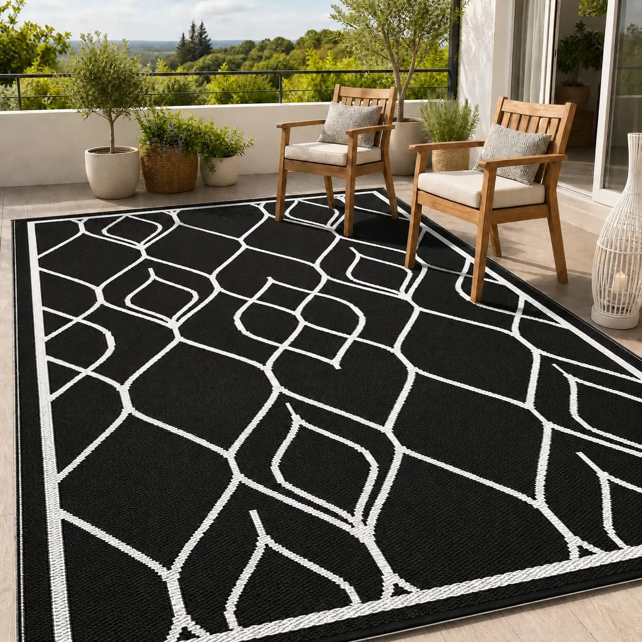 GARVEE 5'x8' Rectangular Waterproof PP Tube Woven Outdoor Patio Rug, Striped Foldable Mat, Durable Plastic Straw Rug for Backyard, Camping