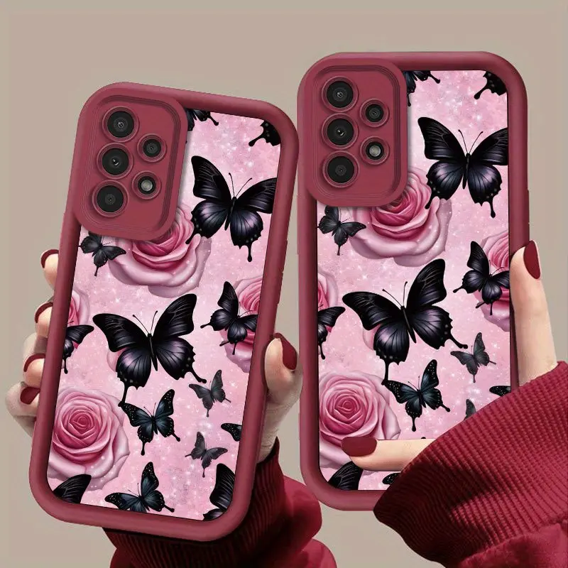 Pink Rose Flowers with Multiple Black Butterflies Pattern Design iPhone Case Compatible with Samsung Galaxy S26 S24 Plus S25 S23 S22 S21 Ultra FE S24+ Note20 A54 A53 A52 A36 A35 A34 A33 A17 A16 A15 A14 A13 2D Printing Soft TPU Cover with Raised Edges