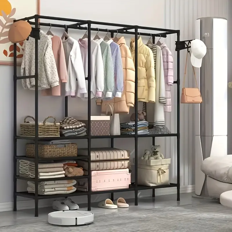 3/4 Row Standing Hat Rack, Metal Clothes Organizer with Hooks and Shelves, Clothes Hanging Rack, Clothing Organizer, Portable Freestanding Closet Storage Organizer, Space-Saving, Modern Design
