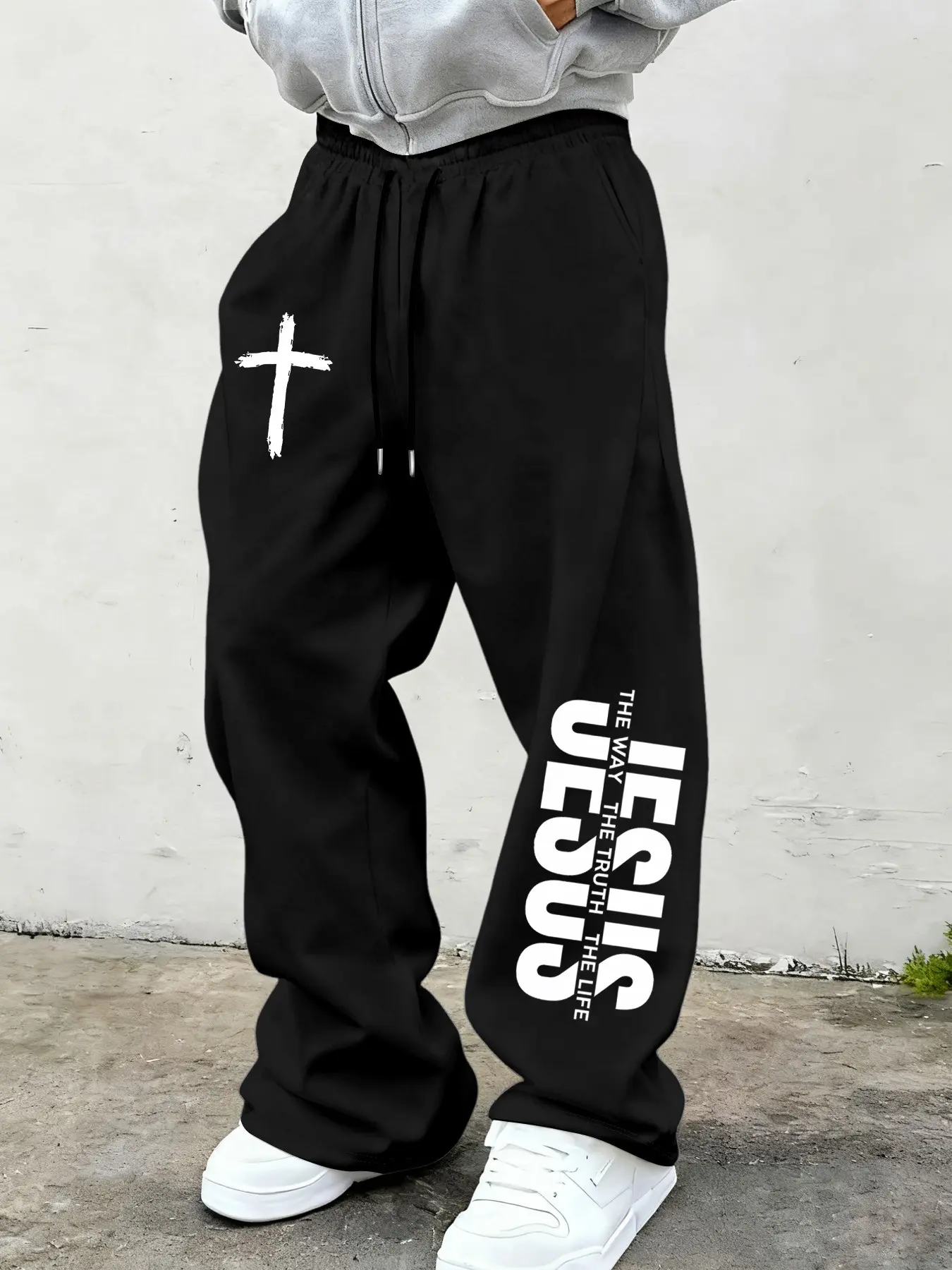 Unisex Sporty Print Trousers, Fitted Cross Pattern, Soft Breathable Fabric, Christian Streetwear Essential, All-Season Casual Pants
