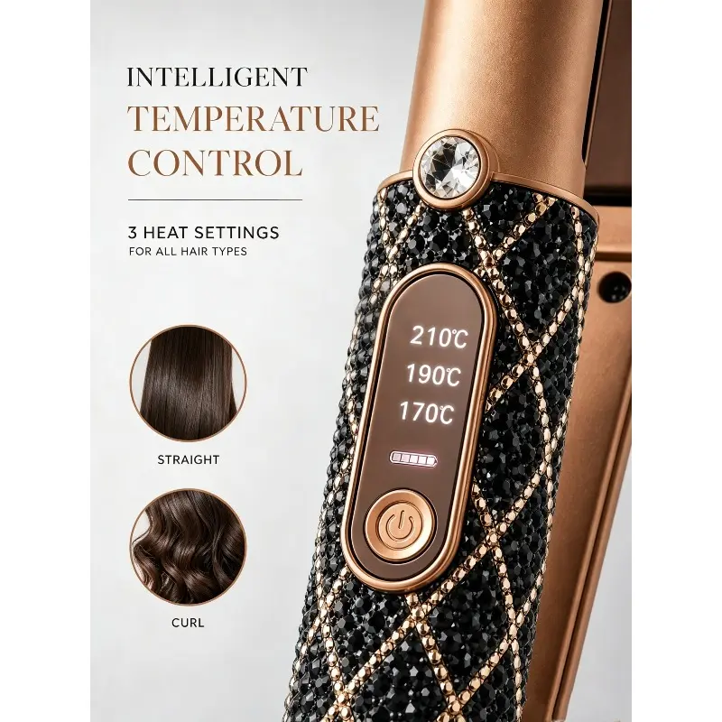 Black Gold Cordless Rhinestone Hair Straightener Bag Charm, PU Leather Accessory, 3 Heat Settings, 210°C Adjustable Temp, Fast-Heating Portable Flat Iron for Travel, Daily Styling, Straight, Hair Styling, Travel Use