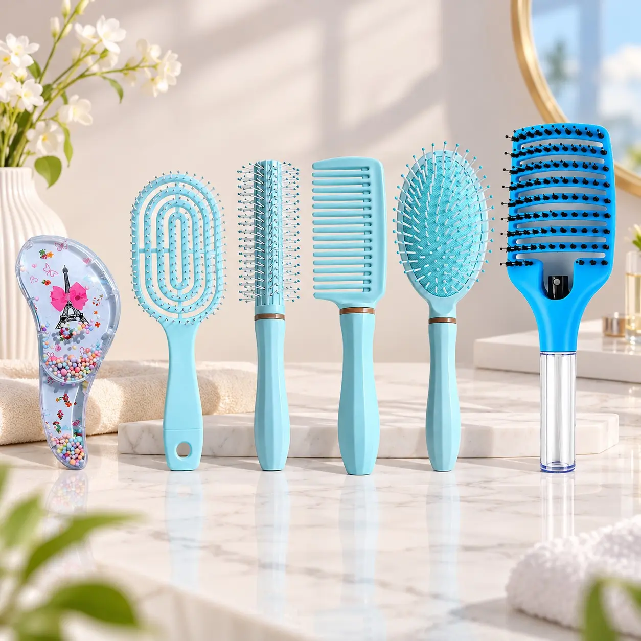 6pcs Hair Comb Set, Blue Aesthetic Massage Combs, Ventilated & Wide-Tooth Brushes, Travel-Friendly, Perfect for All Hair Types
