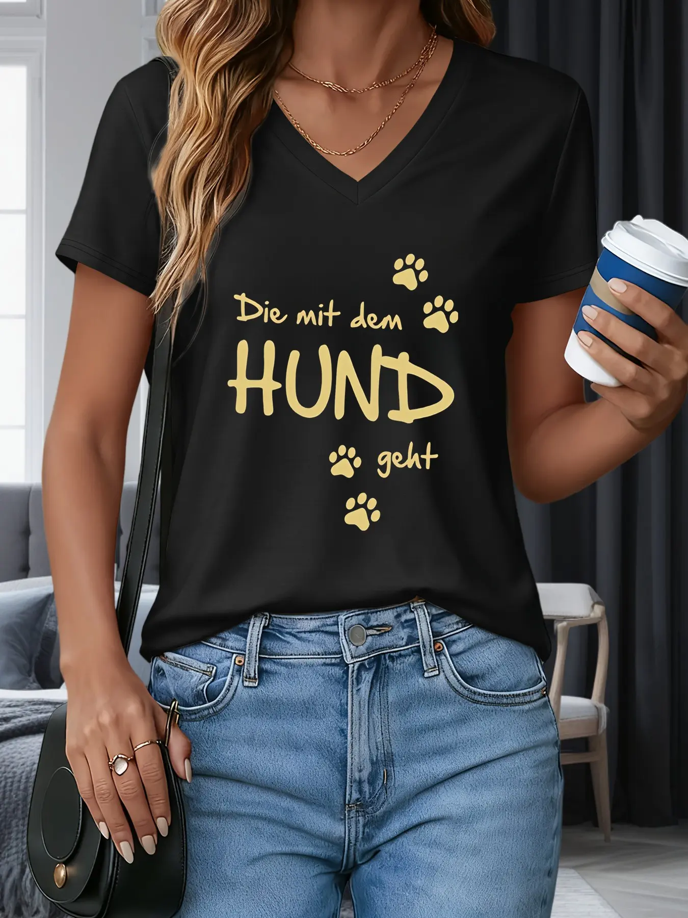 Cute Paw Print V-Neck Short Sleeve T-Shirt, German Text Print, Casual Fashion for Travel, Leisure, Daily Wear, Women's Clothing