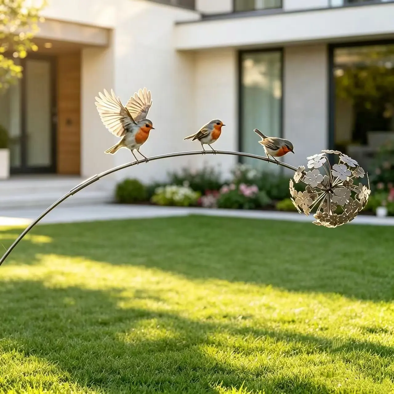 3D Robin Garden Decorations, Outdoor Bird Court Yard Decoration, Daisy Flower Ball, Metal Bird Patio Statue, Christmas Gift for Bird Lovers