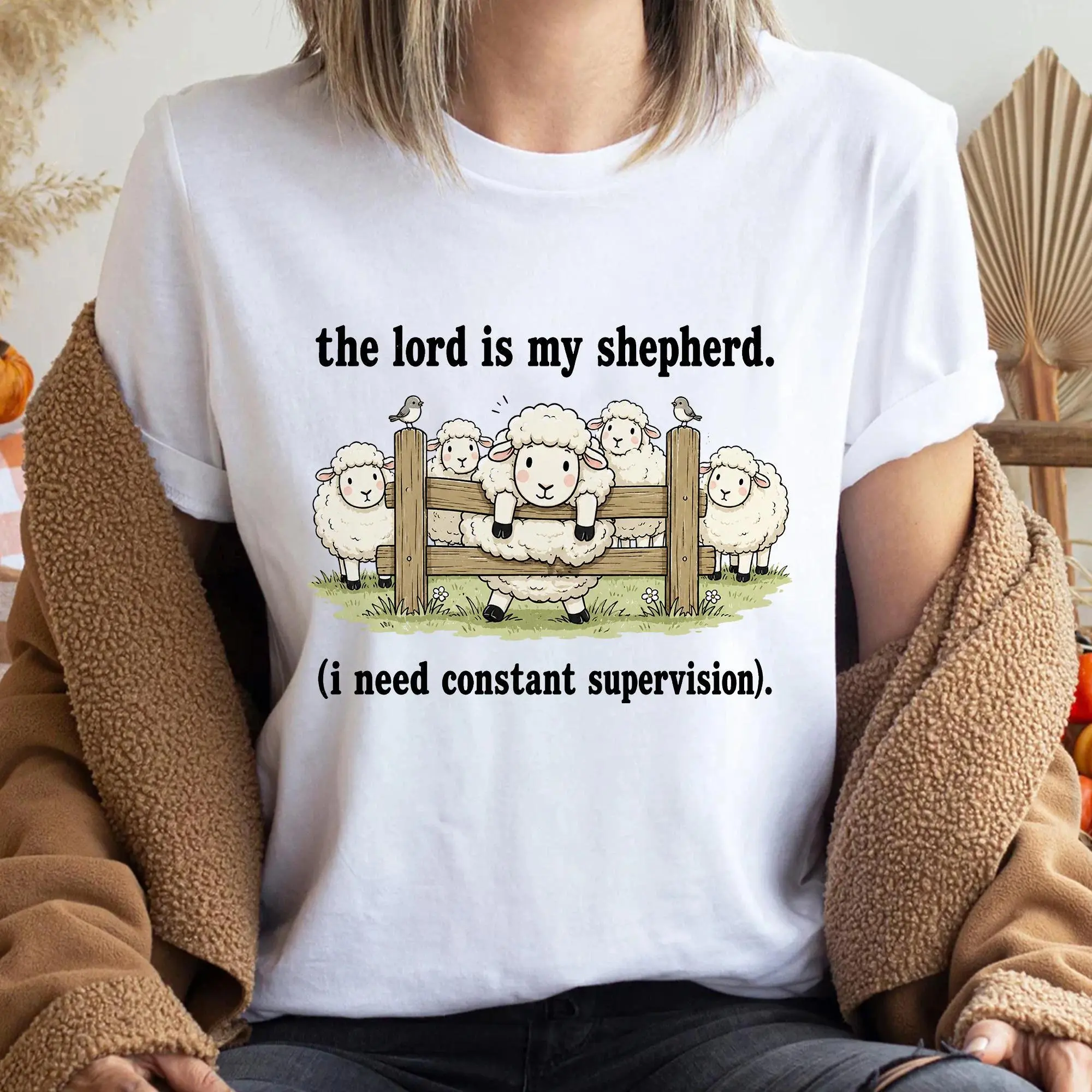 The Lord Is My Shepherd I Need Constant Supervision Cute Fence Sheep Graphic Tee - Standard 100% Pure Cotton Short Sleeve Crewneck Casual Top for Women & Teens, Trendy Christian Humor Fashion Streetwear Apparel, Summer Outfit & Gift
