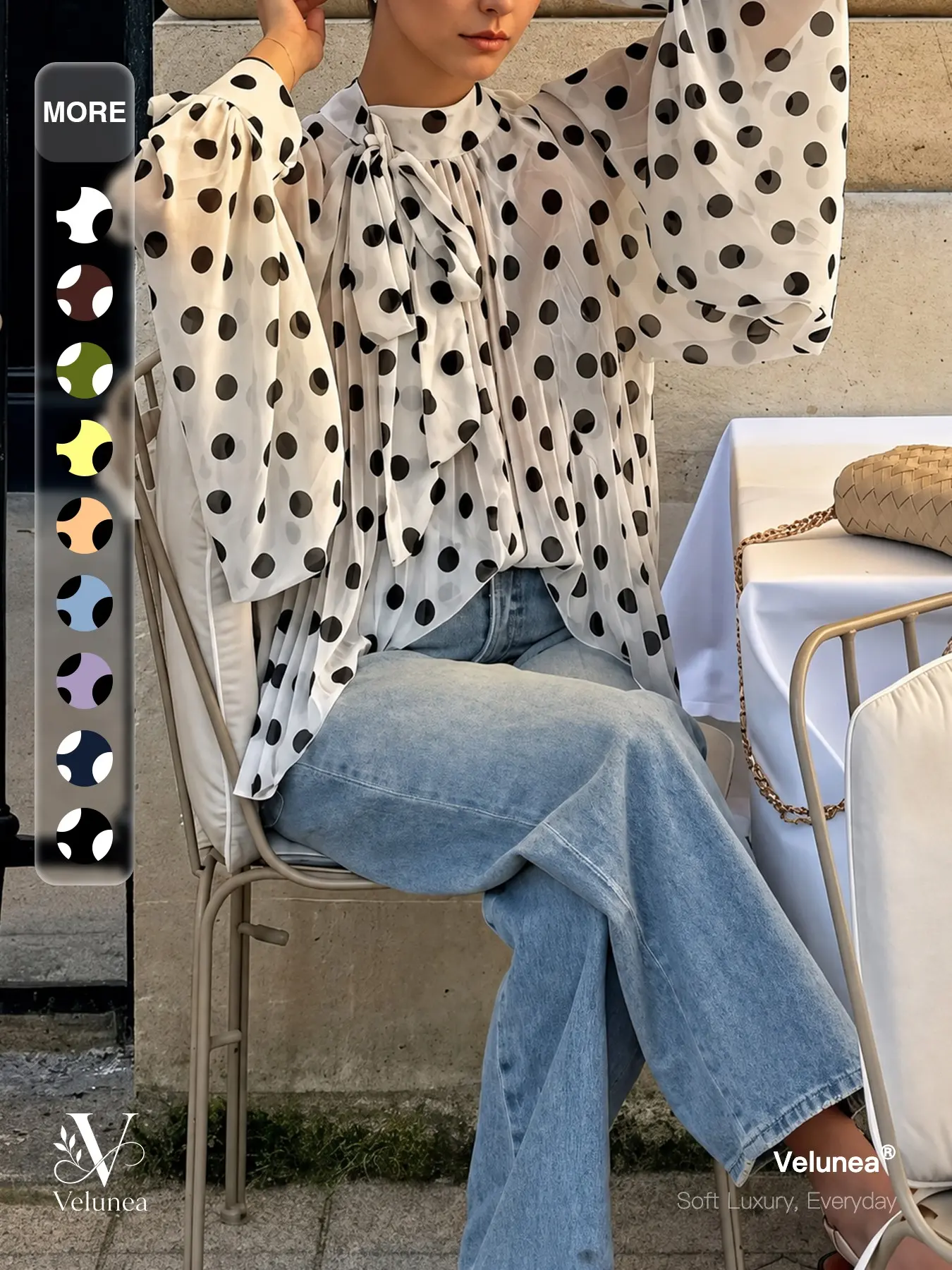 Velunea Women’s Polka Dot Blouse, Long Sleeve Sheer Chiffon Top with High Neck Ruffle Detail and Loose Elegant Fit, Breathable Feminine Casual Fashion Top
