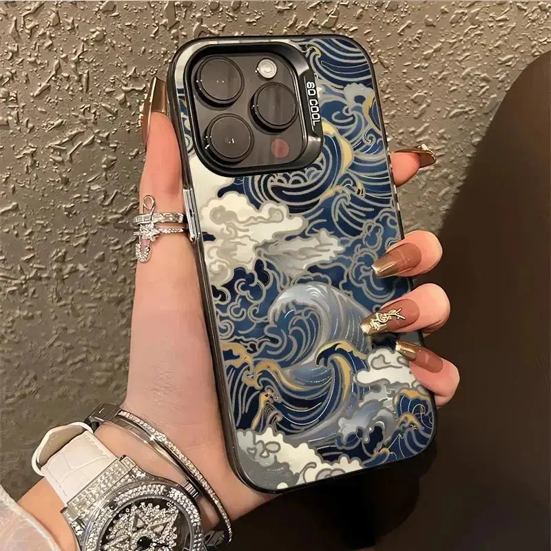Electroplate Shine Japanese Waves Silver IMD Cellphone Case - Shockproof TPU Hard-Cover Defense, Protective Accessories for iPhone (X,XS,XR,11,12,13,14,15,16,17,Air,Pro,Max,Plus) & Fits iOS Devices,back to school,back to school haul