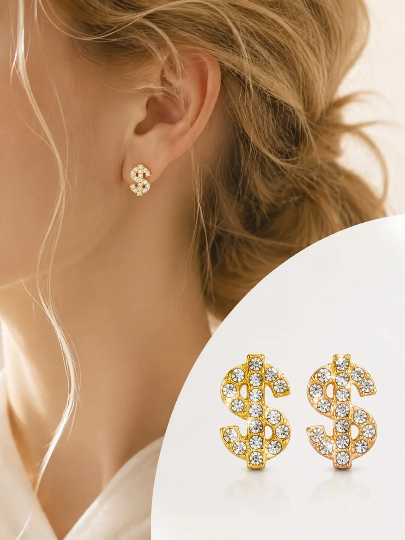 Dollar Sign Stud Earrings, Transparent Rhinestones, Unisex, Hip Hop Style, Attracts Wealth, for Young Adults
