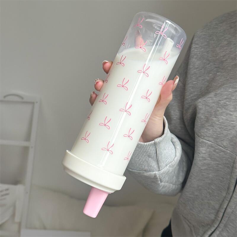 700ML Large Capacity Coffee Cup, Simple Bow Plastic Water Bottle with Lid and Straw, Reusable Sports Cup, Back-To-School Supplies, Reusable Water Bottles