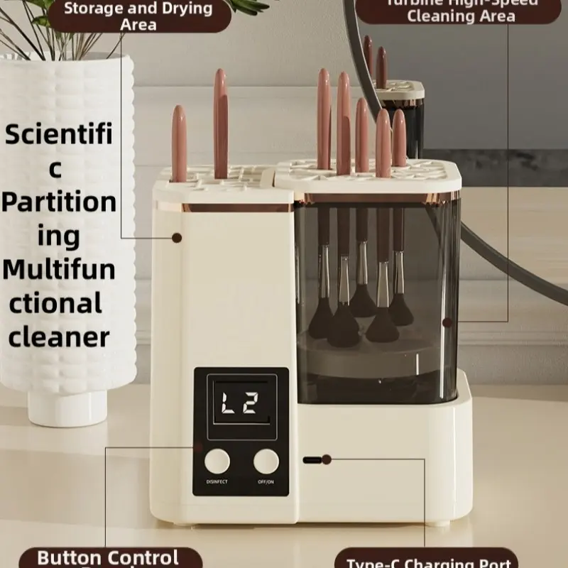 Three-in-One Electric Makeup Brush Cleaning Machine, featuring a hair-drying rack and a portable automatic USB makeup brush cleaning tool, suitable for various sizes of makeup brush sets, eyeshadow brushes, and blush brushes.