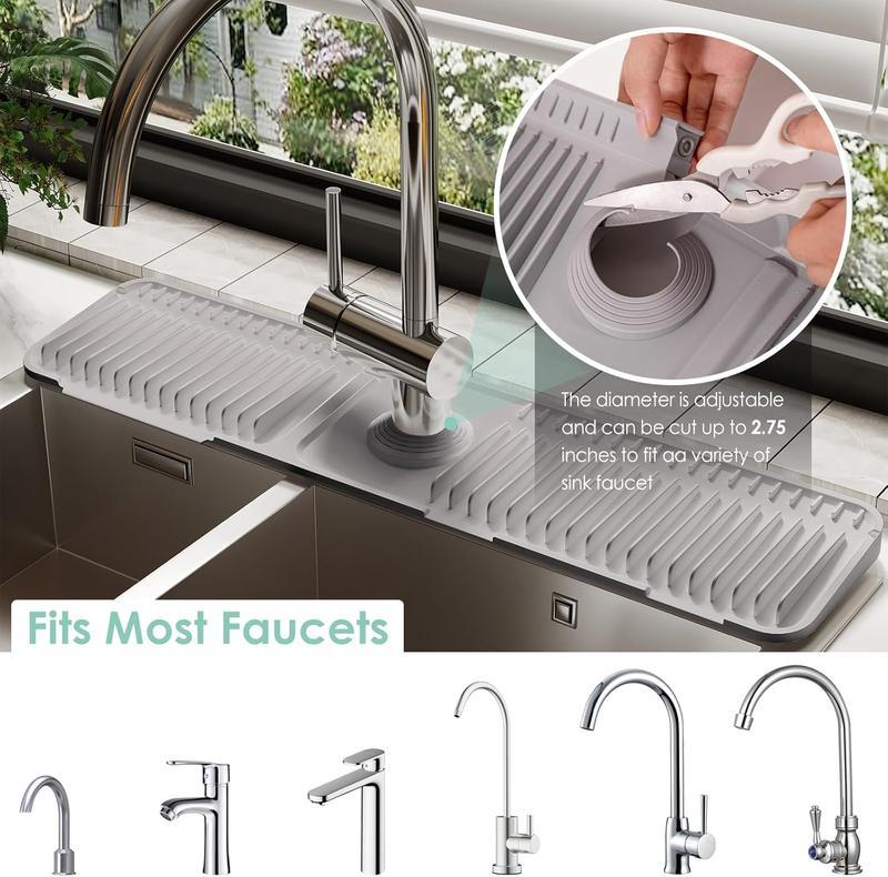 24 Inch Longer Faucet Mat for Kitchen Sink 5°Slope Fast Self-draining Silicone Splash Guard with Customizable Hole & Button Design for Efficient Drainage and Tidy Sink Area