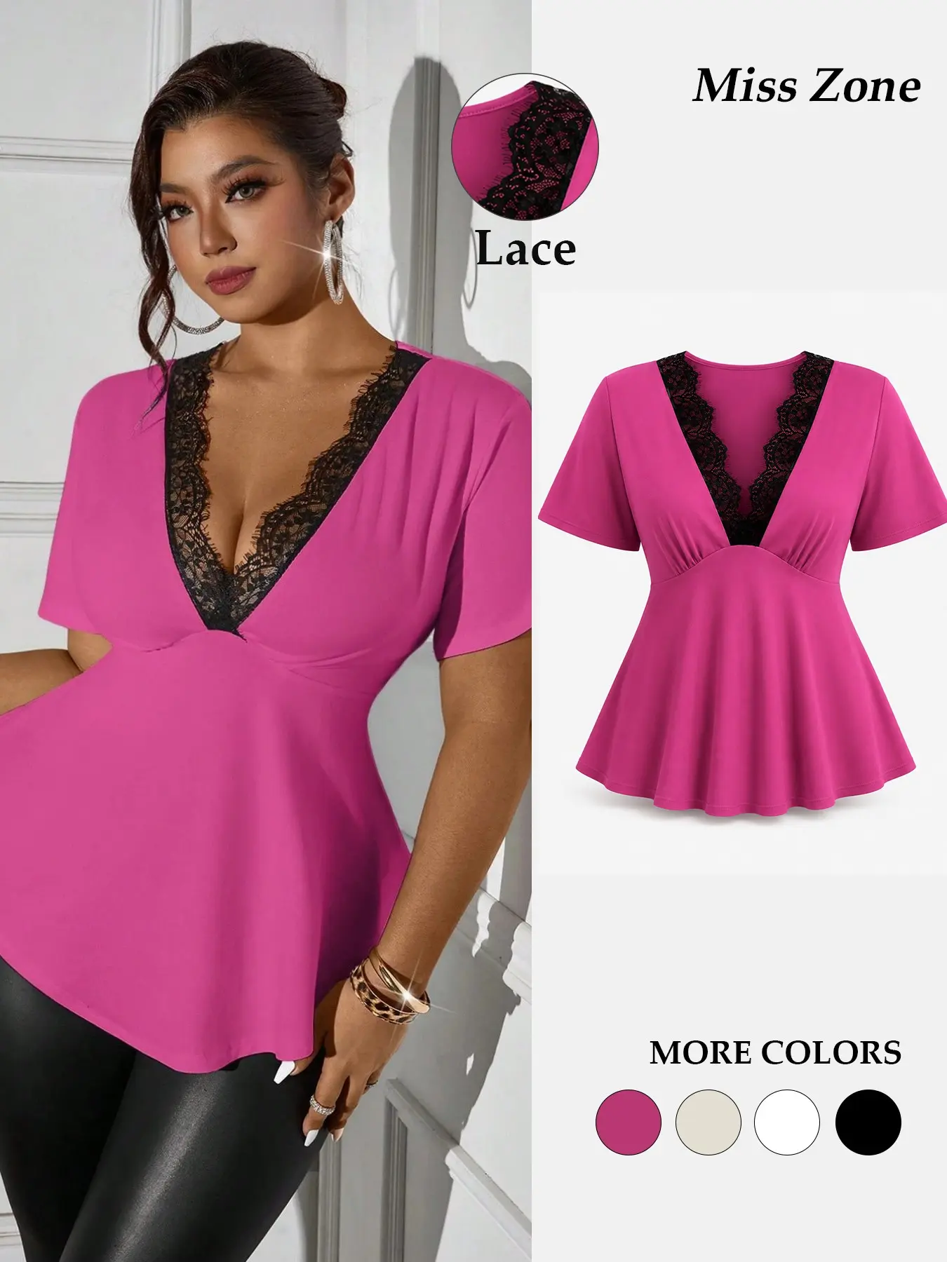 Plus Size Women’s Lace Trim V Neck T Shirt, Short Sleeve Peplum Tunic Top, Casual Elegant Chic Blouse for Daily Wear Date Work